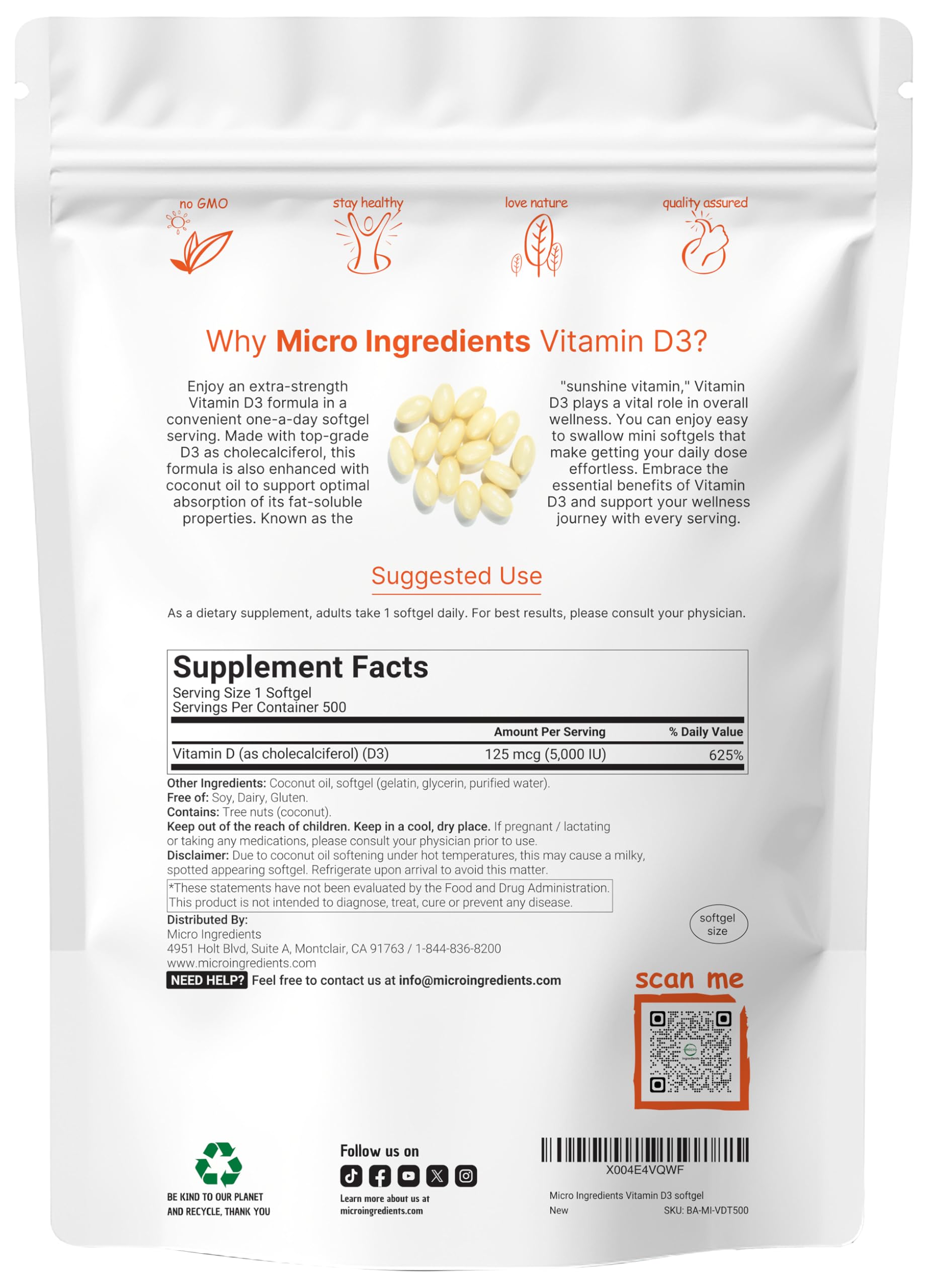 Micro Ingredients Vitamin D3 bottle top shows easy-to-swallow softgels for daily use