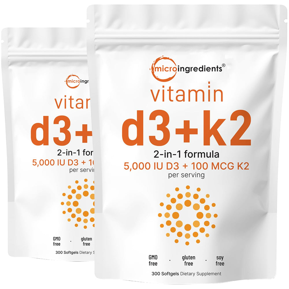 Micro Ingredients Vitamin D3 K2 bottle front view showing long-lasting supply.