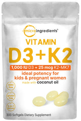 Micro Ingredients Vitamin D3 + K2 bottle front for daily support