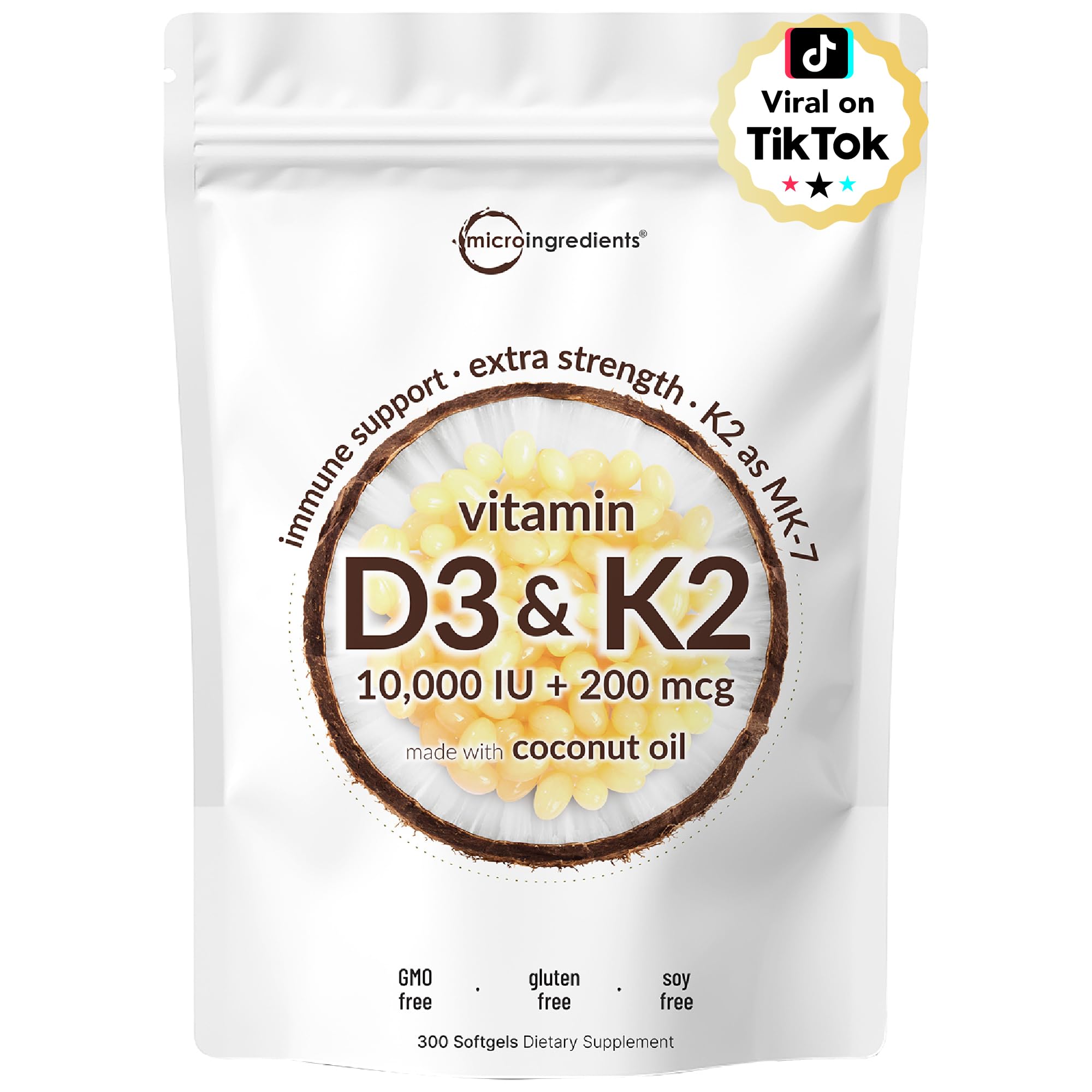 Micro Ingredients Vitamin D3 K2 bottle shows 2-in-1 daily supplement.
