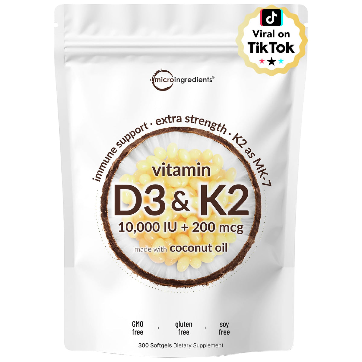 Micro Ingredients Vitamin D3 K2 bottle shows 2-in-1 daily supplement.