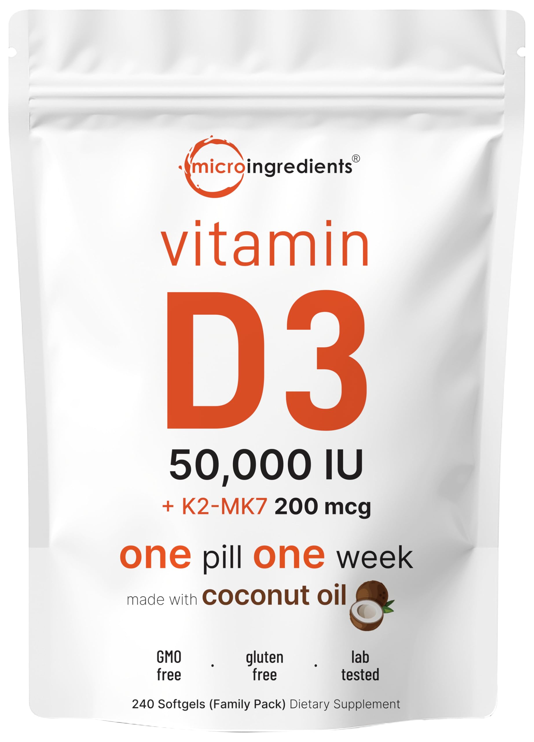 Micro Ingredients Vitamin D3 + K2 softgels bottle showing weekly dose for bone support