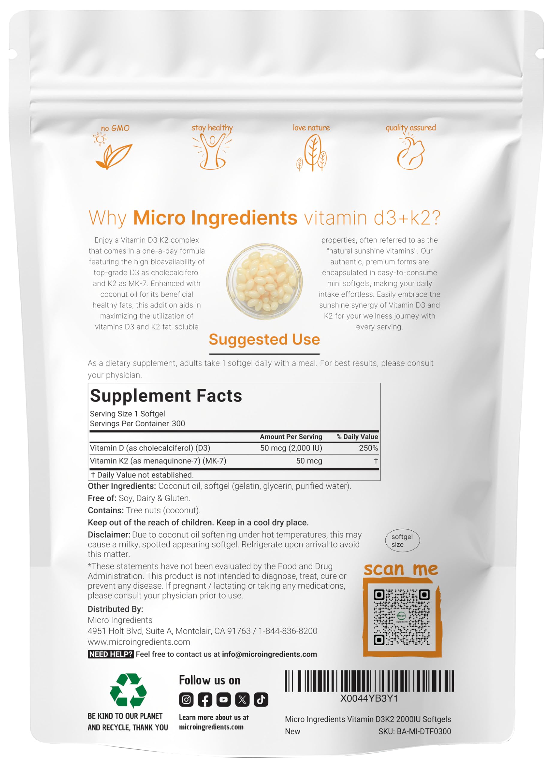 Close-up of Micro Ingredients D3-K2 softgels in coconut oil base.