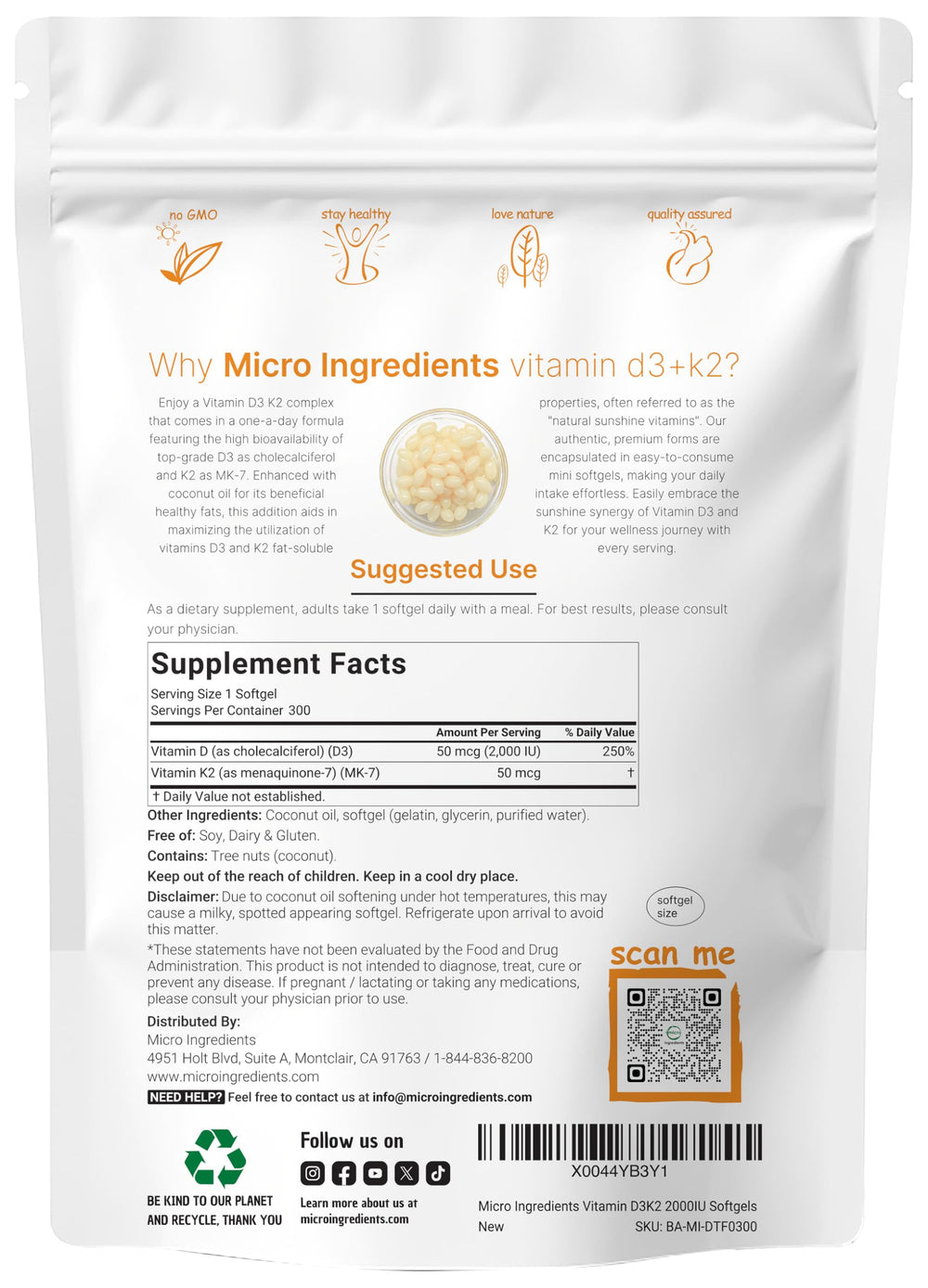 Close-up of Micro Ingredients D3-K2 softgels in coconut oil base.