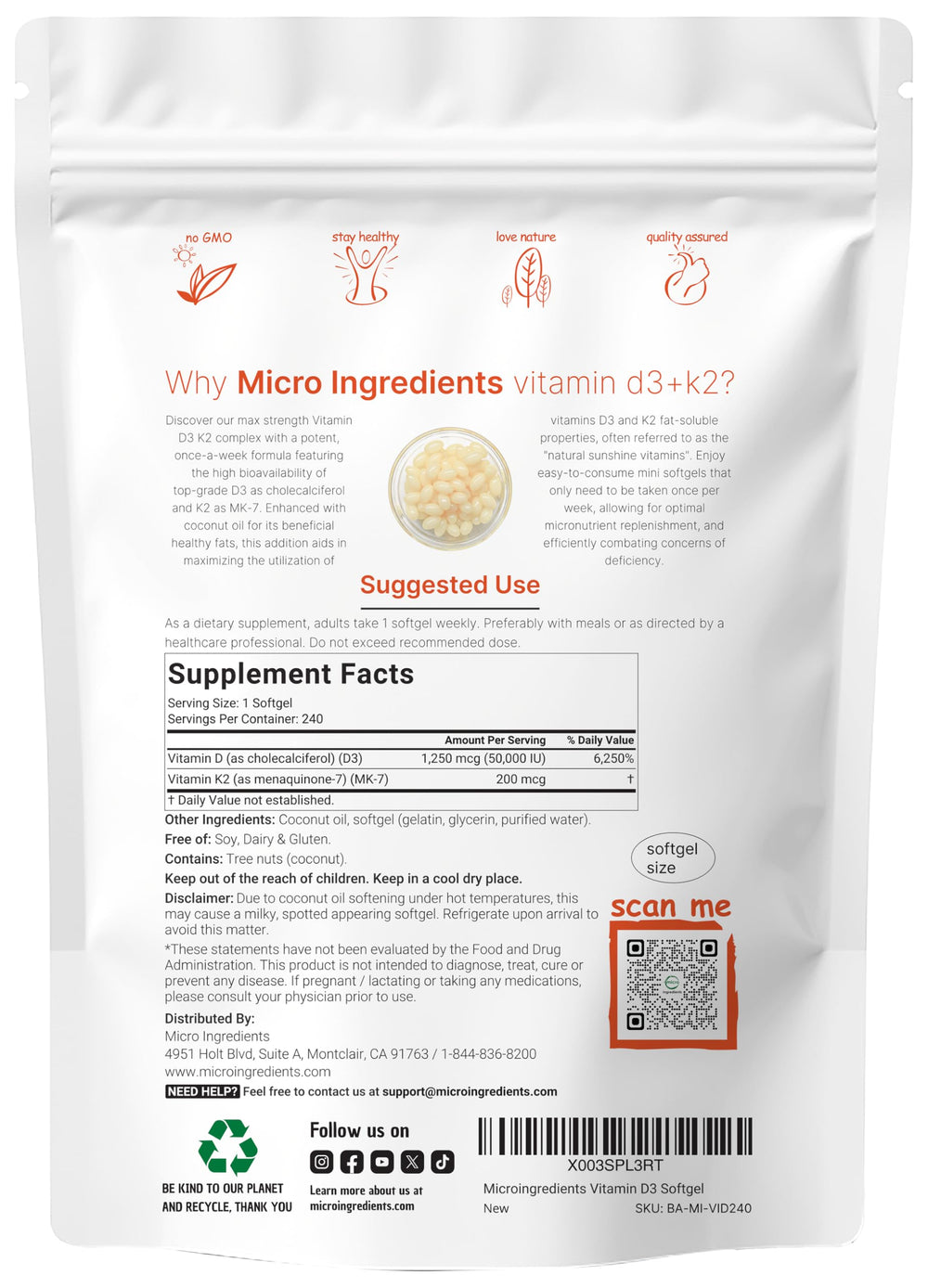 Closeup of Micro Ingredients D3 K2 softgels in virgin coconut oil for absorption