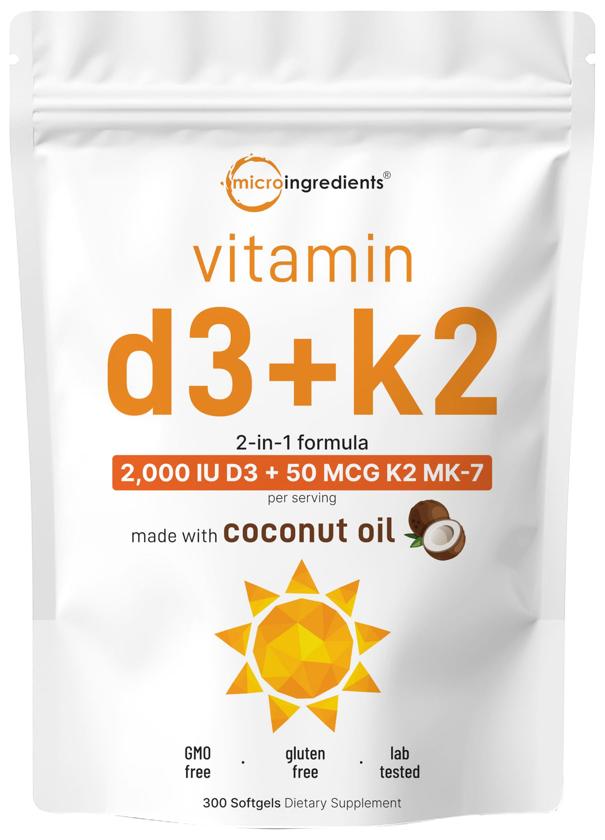 Micro Ingredients vitamin D3 + K2 softgels with coconut oil for daily bone support.