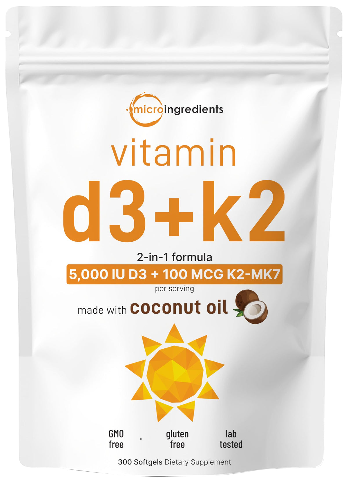 Micro Ingredients vitamin D3 K2 softgels in coconut oil for enhanced absorption.