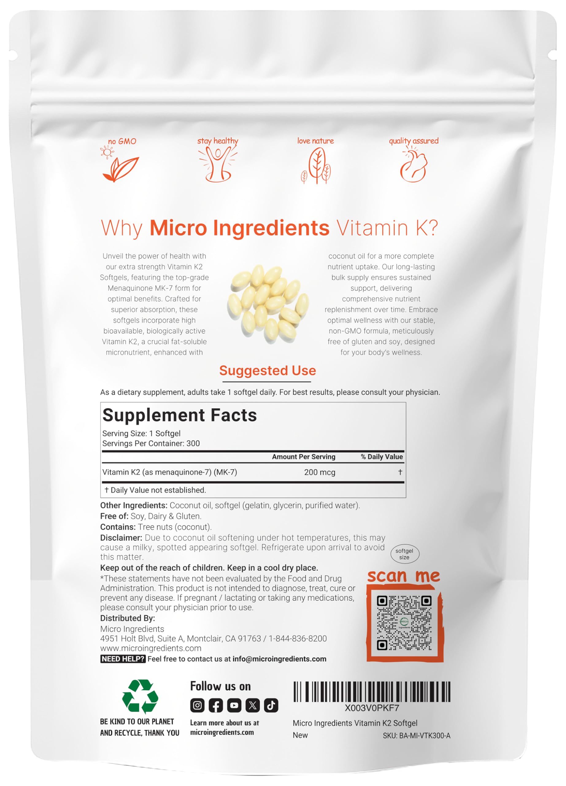 Micro Ingredients vitamin K2 MK-7 bottle pour shows convenient one-a-day dose