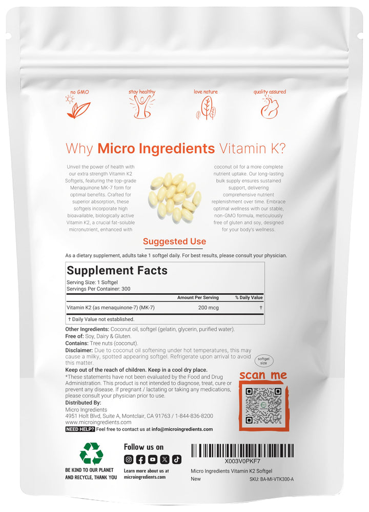 Micro Ingredients vitamin K2 MK-7 bottle pour shows convenient one-a-day dose