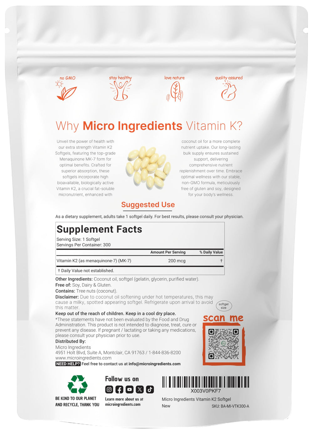 Micro Ingredients vitamin K2 MK-7 bottle pour shows convenient one-a-day dose