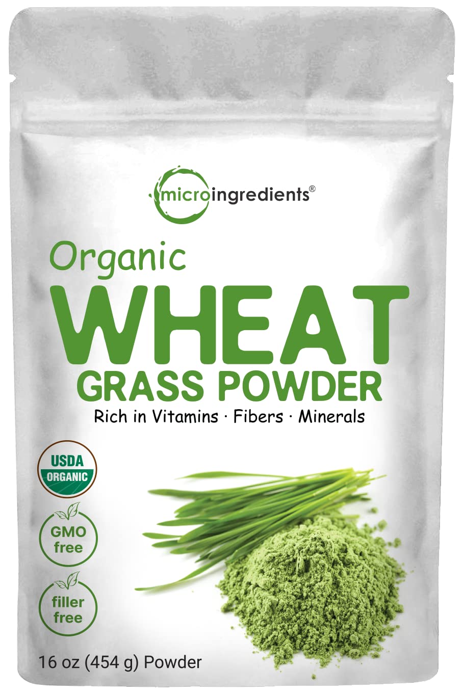 Micro Ingredients wheat grass powder 16oz bottle showing vibrant greens and sustainability.
