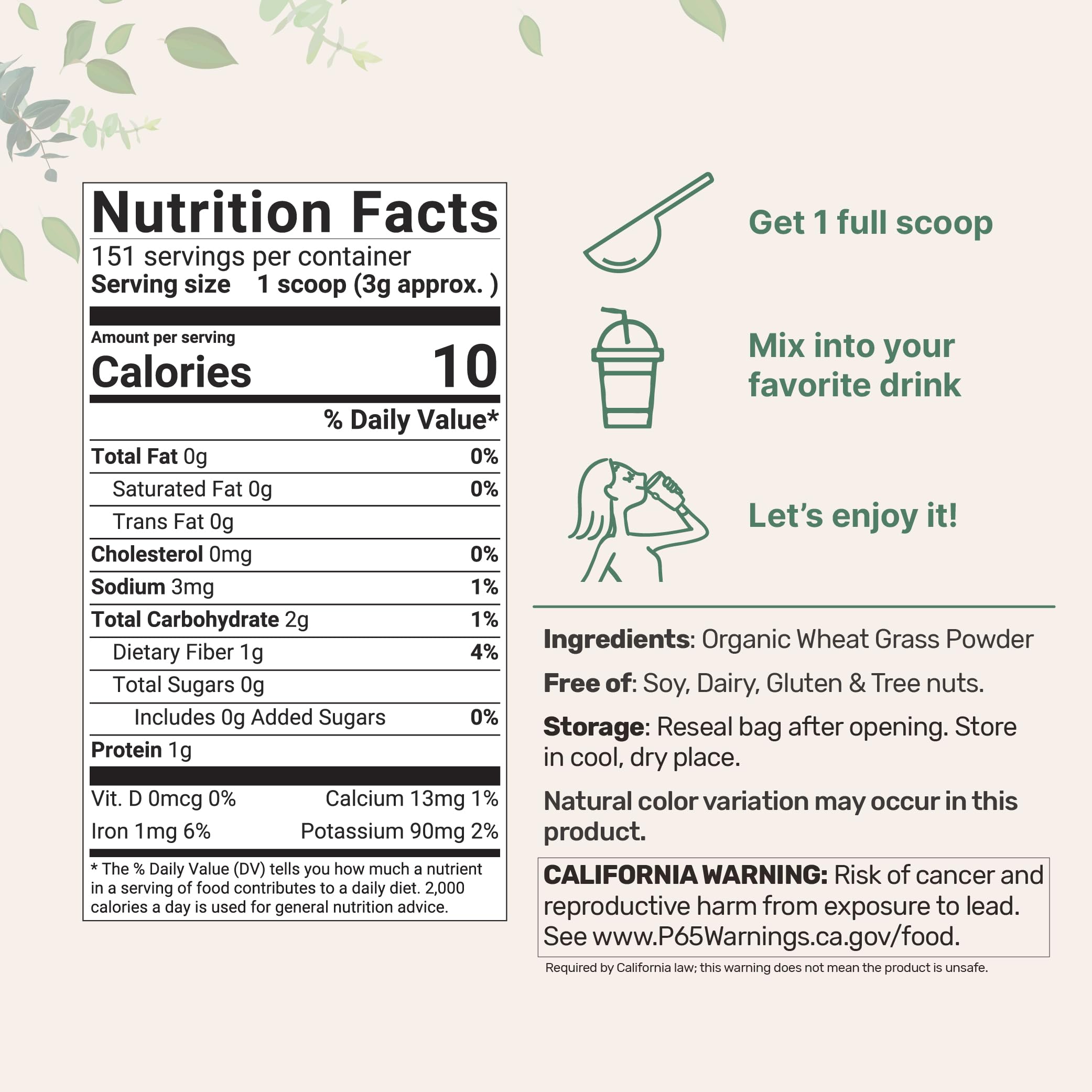 Close-up of US grown organic wheatgrass packaging highlighting whole-leaf formula.