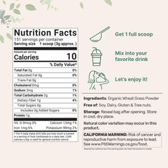 Close-up of US grown organic wheatgrass packaging highlighting whole-leaf formula.