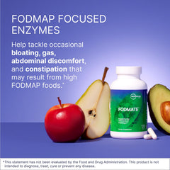 Microbiome Labs FODMATE capsules close-up highlights the enzyme blend for occasional bloating relief