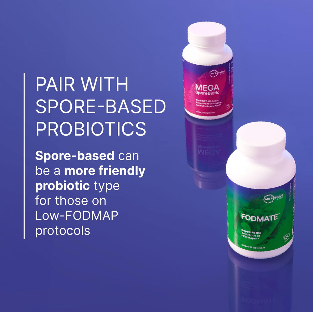 Microbiome Labs FODMATE ingredients illustration points to lactose and fructan breakdown
