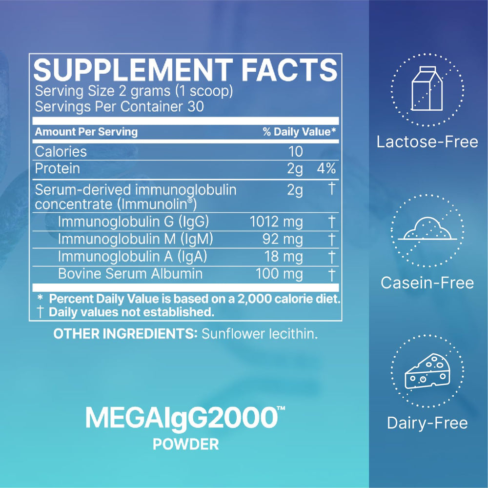 Microbiome Labs Mega IgG2000 label close-up highlights dairy-free immunoglobulin source.