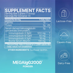 Microbiome Labs Mega IgG2000 label close-up highlights dairy-free immunoglobulin source.