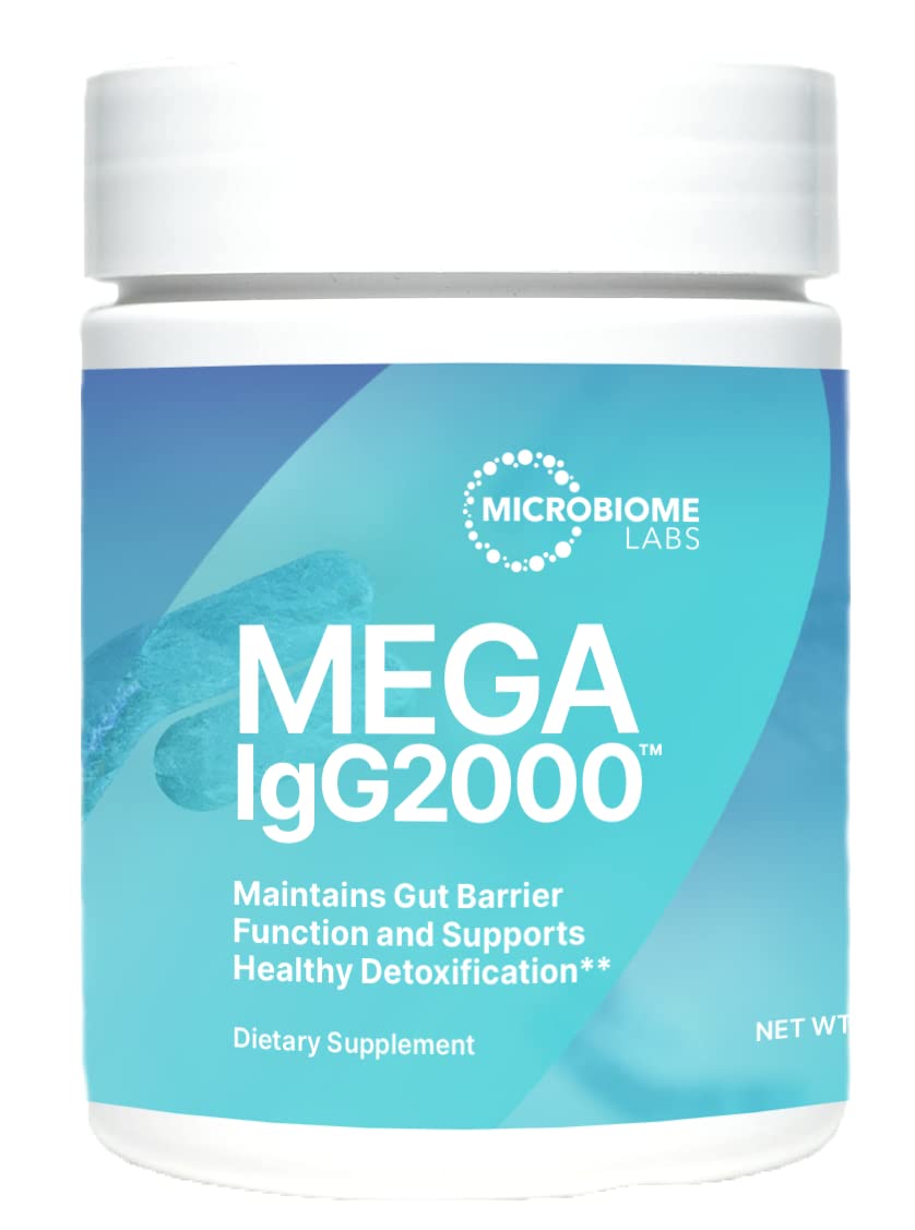 Microbiome Labs Mega IgG2000 powder tub offers dairy-free gut support.