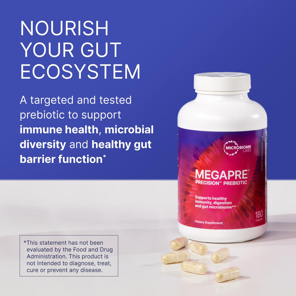 Microbiome Labs MegaPre bottle back with supplement facts for transparency.