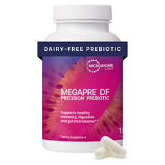 Microbiome Labs MegaPre DF bottle with dairy-free prebiotic powder for gut diversity.