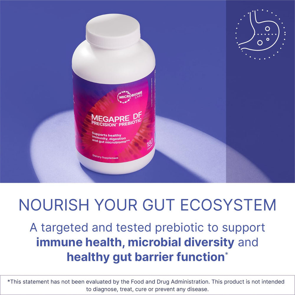 MegaPre DF scoop beside bottle for easy daily prebiotic dosing.