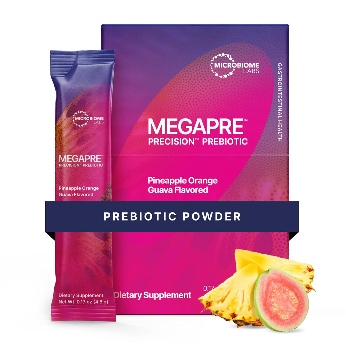 Microbiome Labs MegaPre pineapple orange guava drink packet for on-the-go gut support.