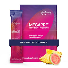 Microbiome Labs MegaPre pineapple orange guava drink packet for on-the-go gut support.
