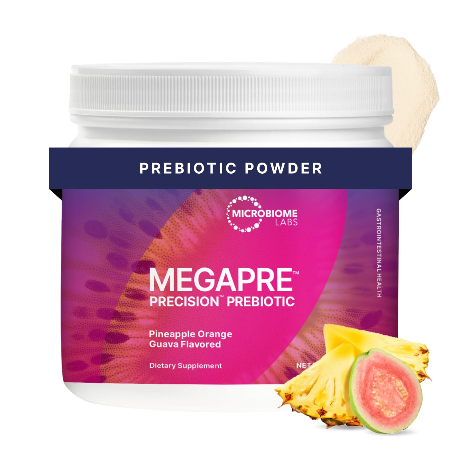 Microbiome Labs MegaPre tub front view for daily prebiotic use.