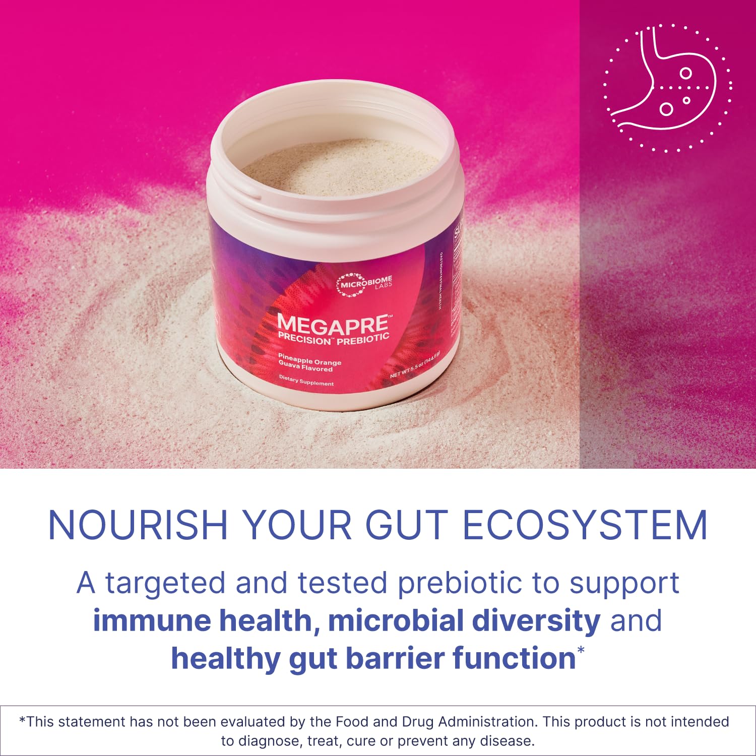 Microbiome Labs MegaPre tub side profile for easy packaging.