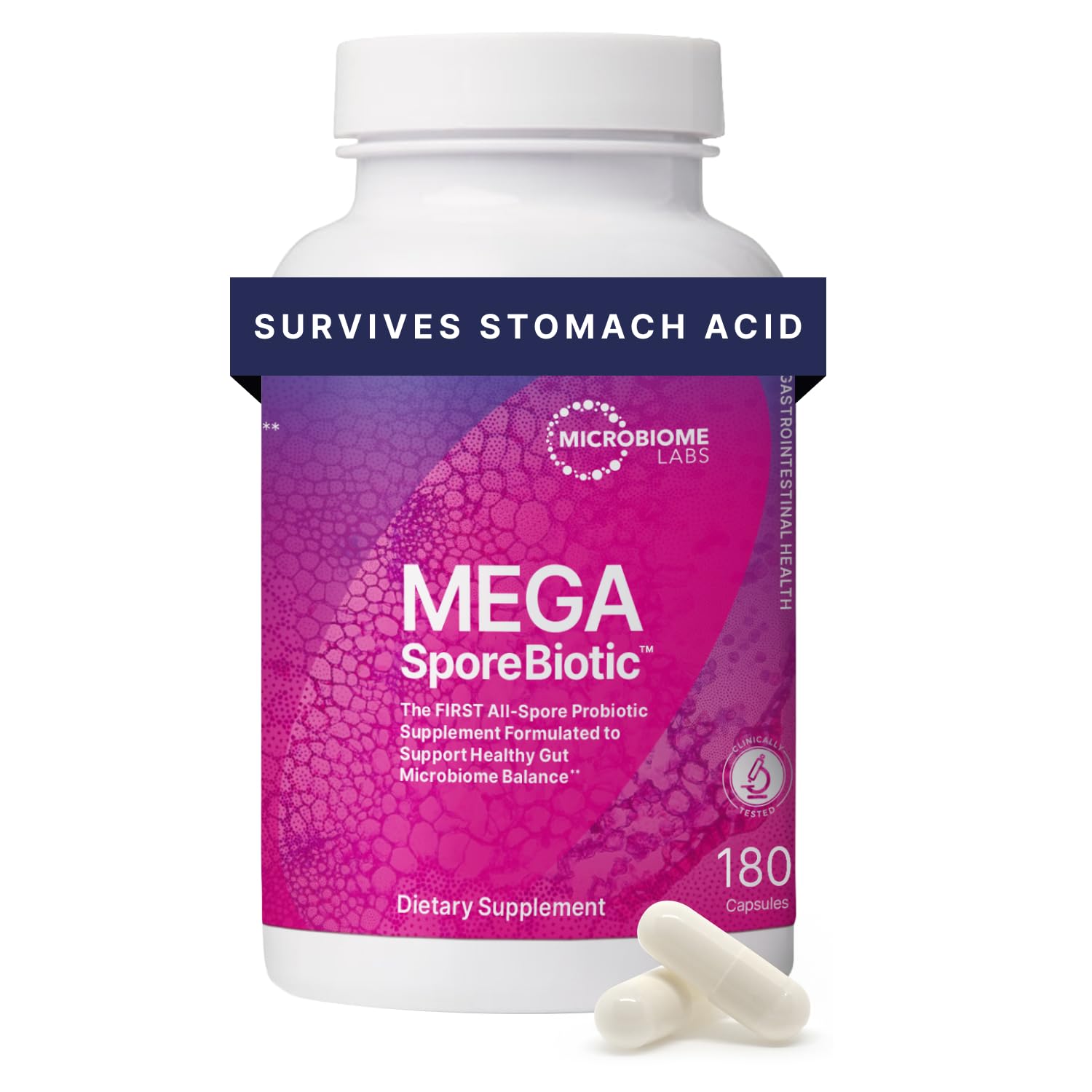 Microbiome Labs MegaSporeBiotic bottle showing shelf-stable probiotic for daily gut support.