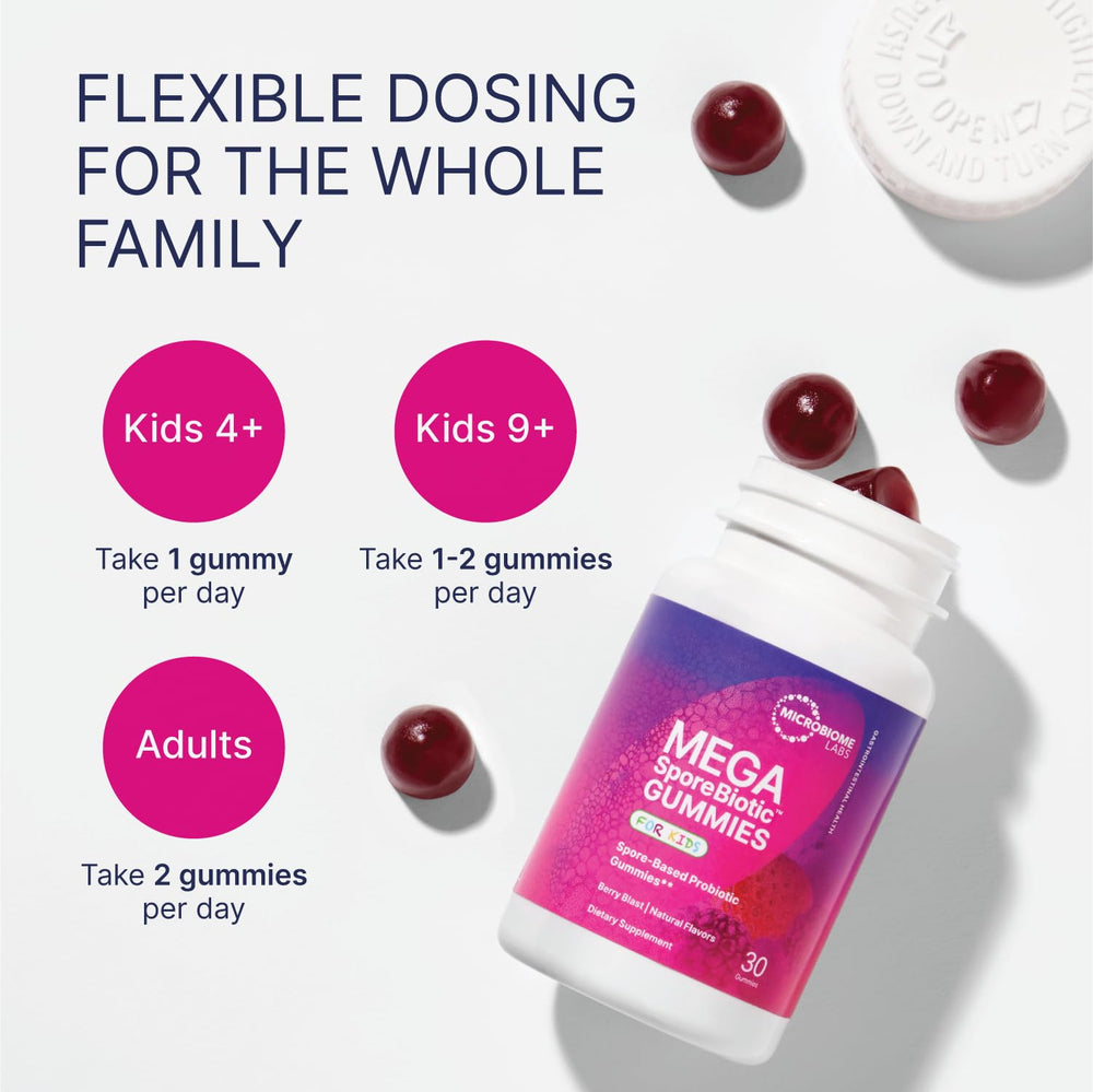 Microbiome Labs MegaSporeBiotic Kids berry-flavored gummies in a child-friendly shape
