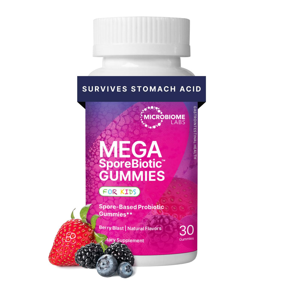 Microbiome Labs MegaSporeBiotic Kids berry gummies for a kid-friendly daily probiotic routine