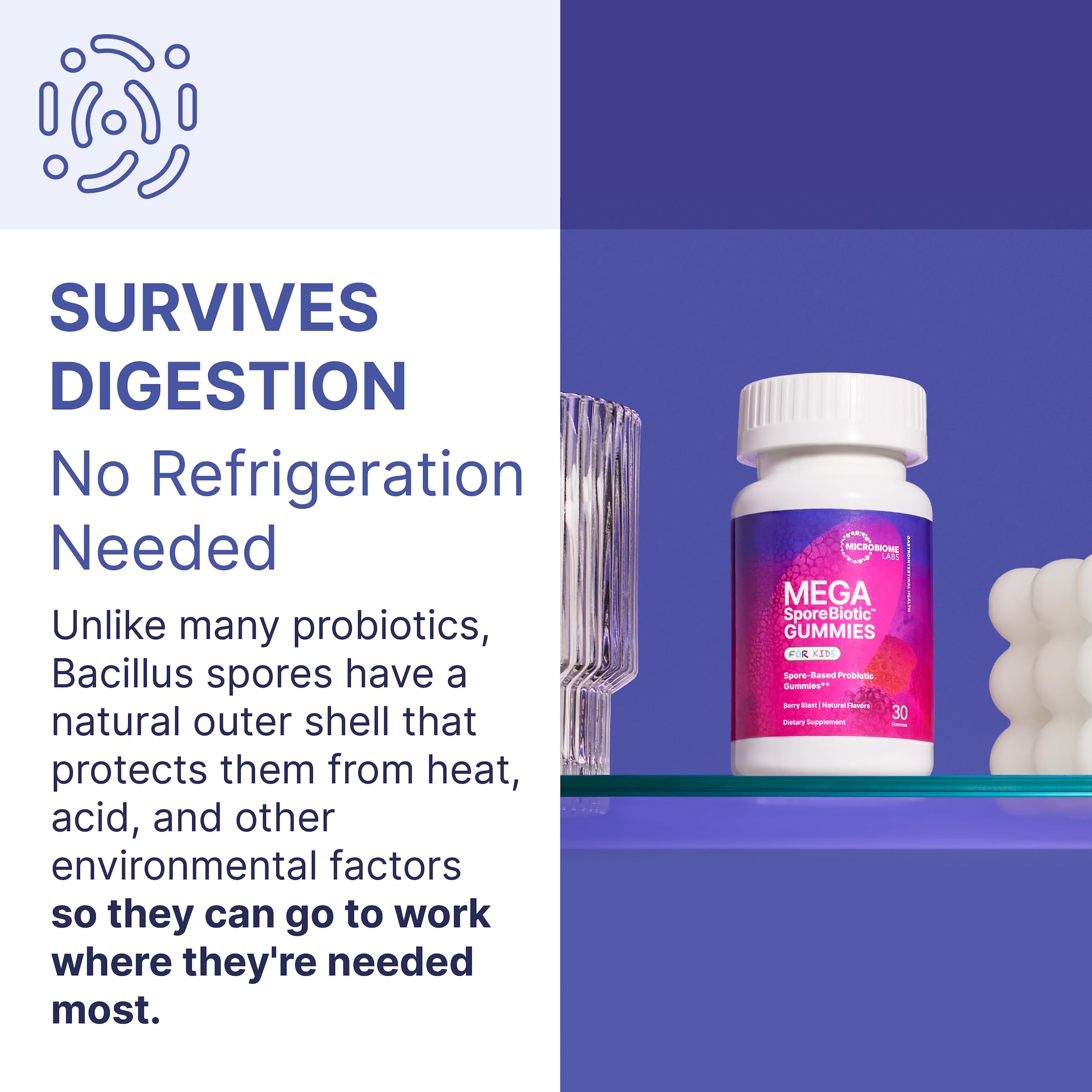Microbiome Labs MegaSporeBiotic Kids gummies show non-GMO and dairy-free attributes