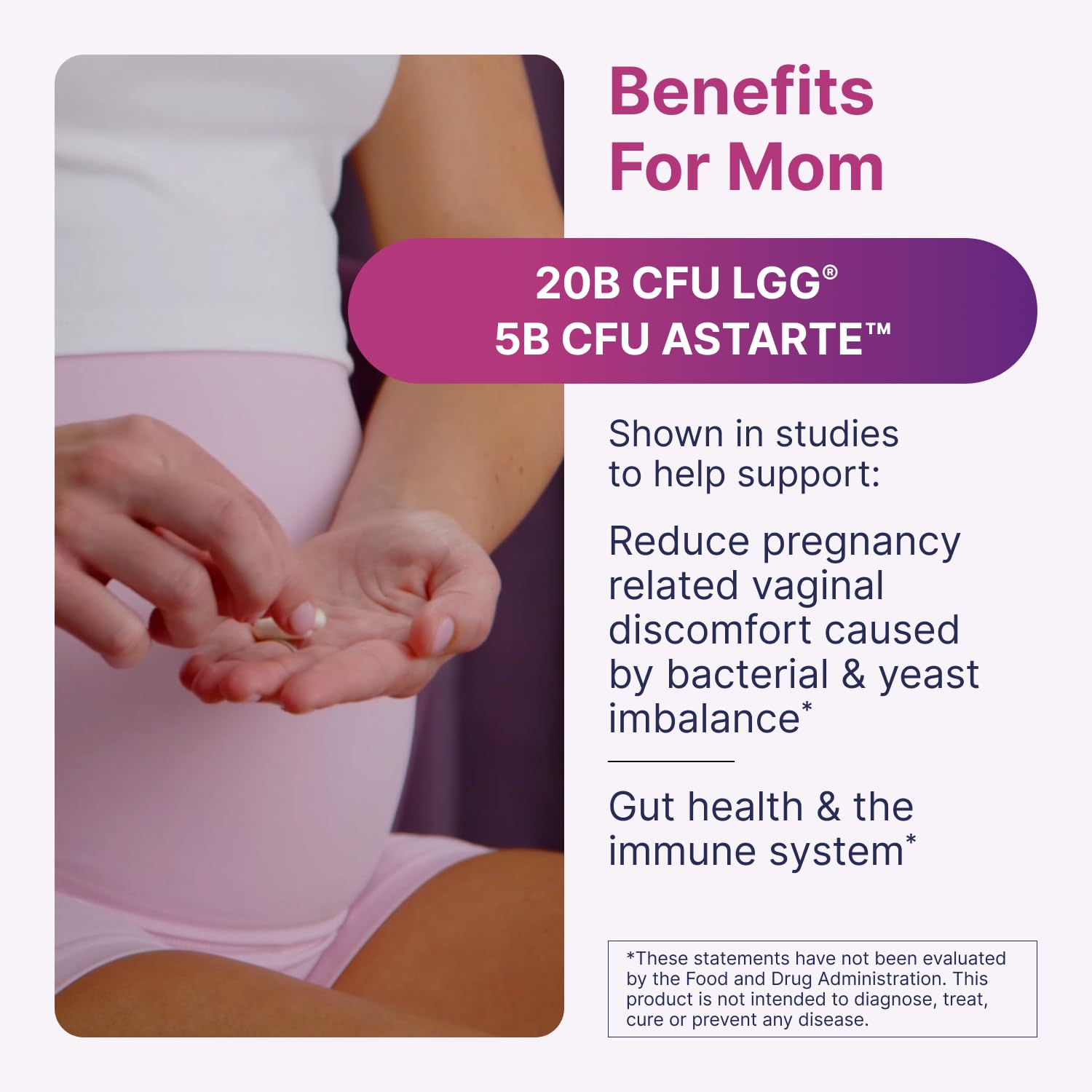 Pregnancy Support label design showing four strains for vaginal balance.
