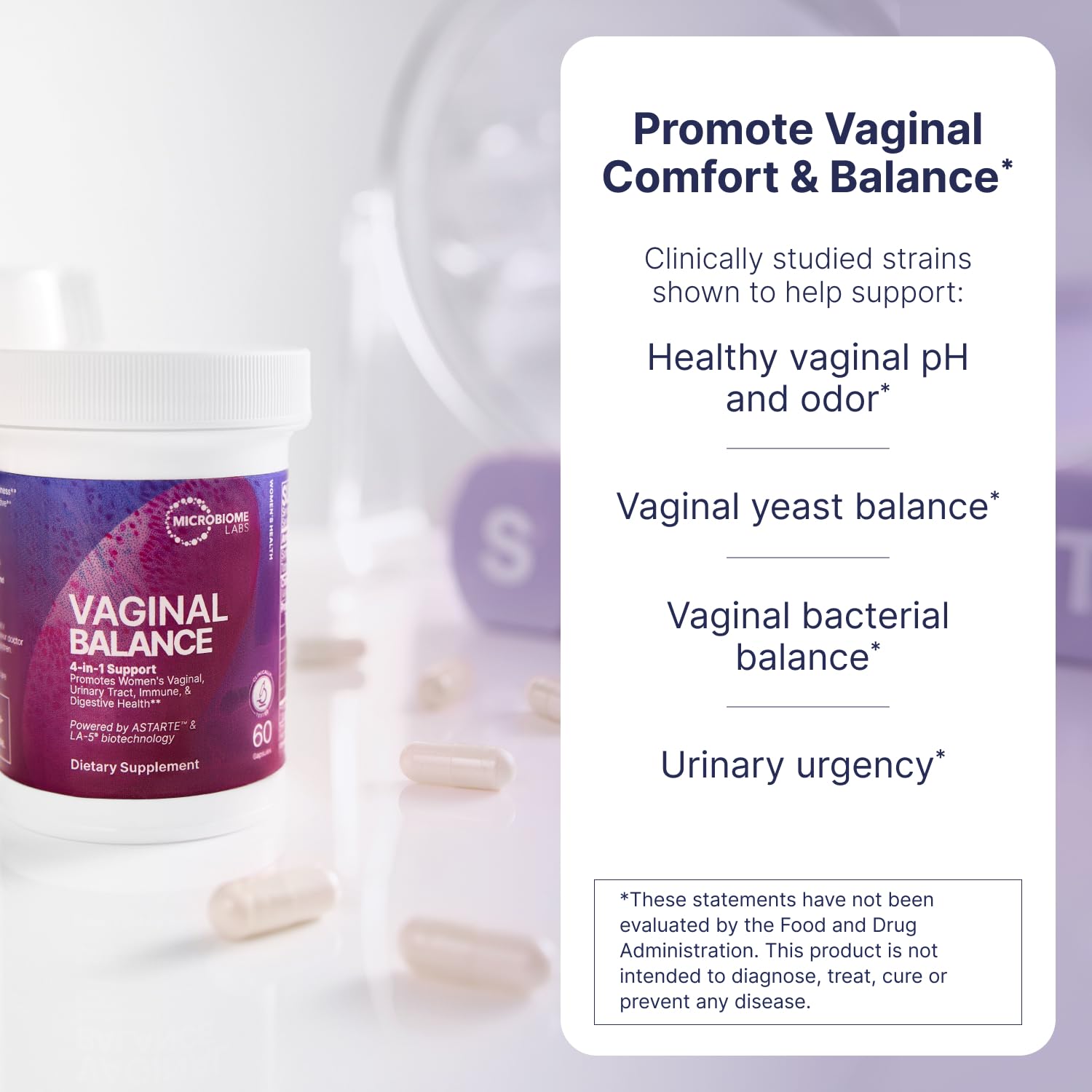 Close-up of Microbiome Labs Vaginal Balance capsules ready for easy daily probiotic routine.