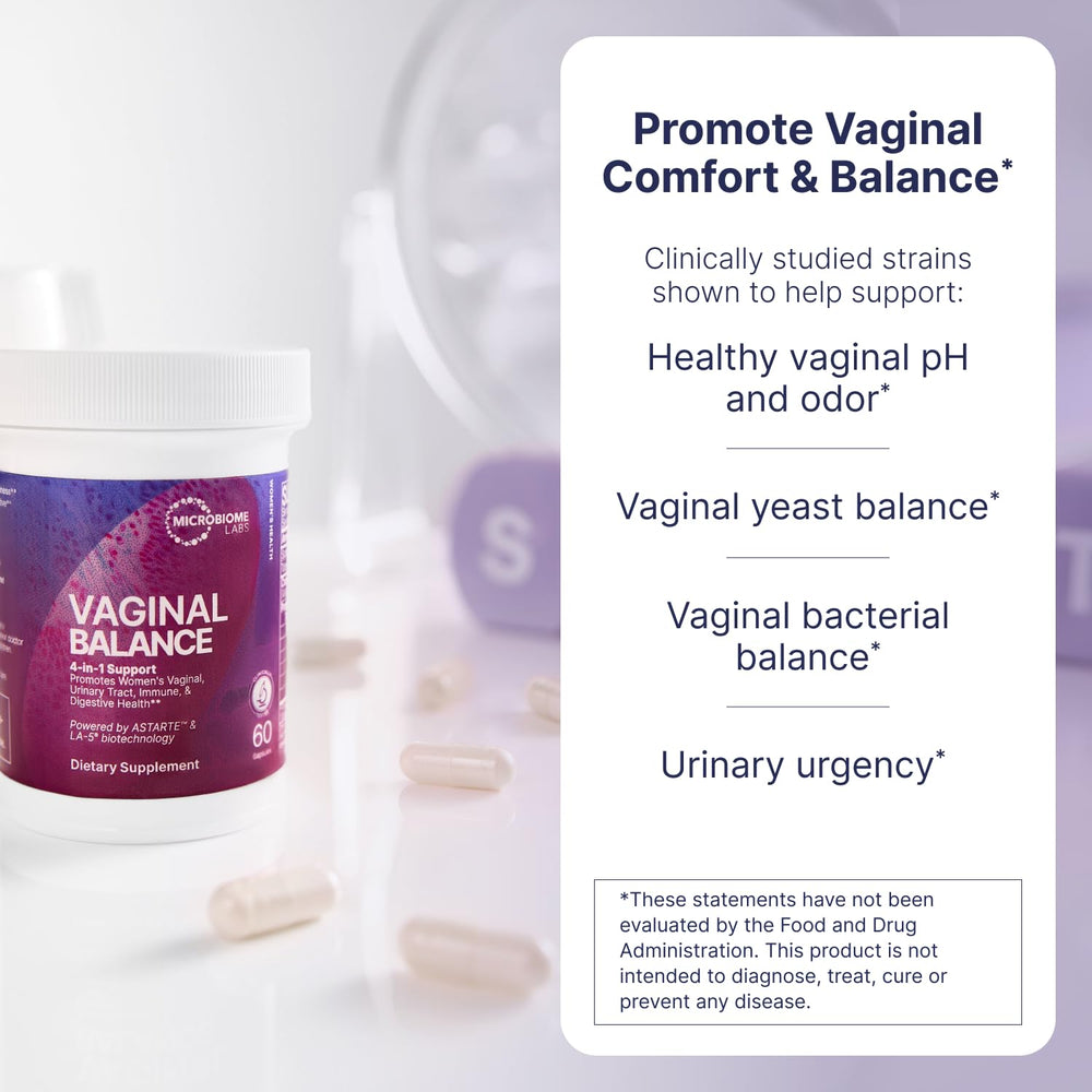 Close-up of Microbiome Labs Vaginal Balance capsules ready for easy daily probiotic routine.