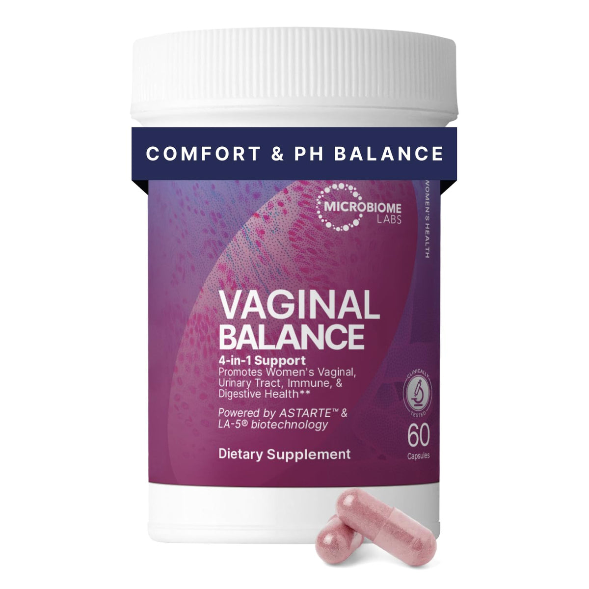 Microbiome Labs Vaginal Balance bottle and capsules for daily vaginal comfort and pH support.
