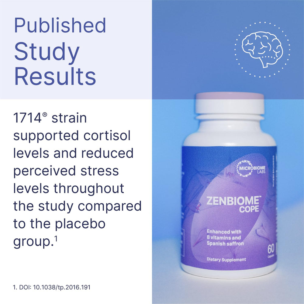 Close-up of Zenbiome COPE label highlighting probiotic blend and B vitamins for mood support