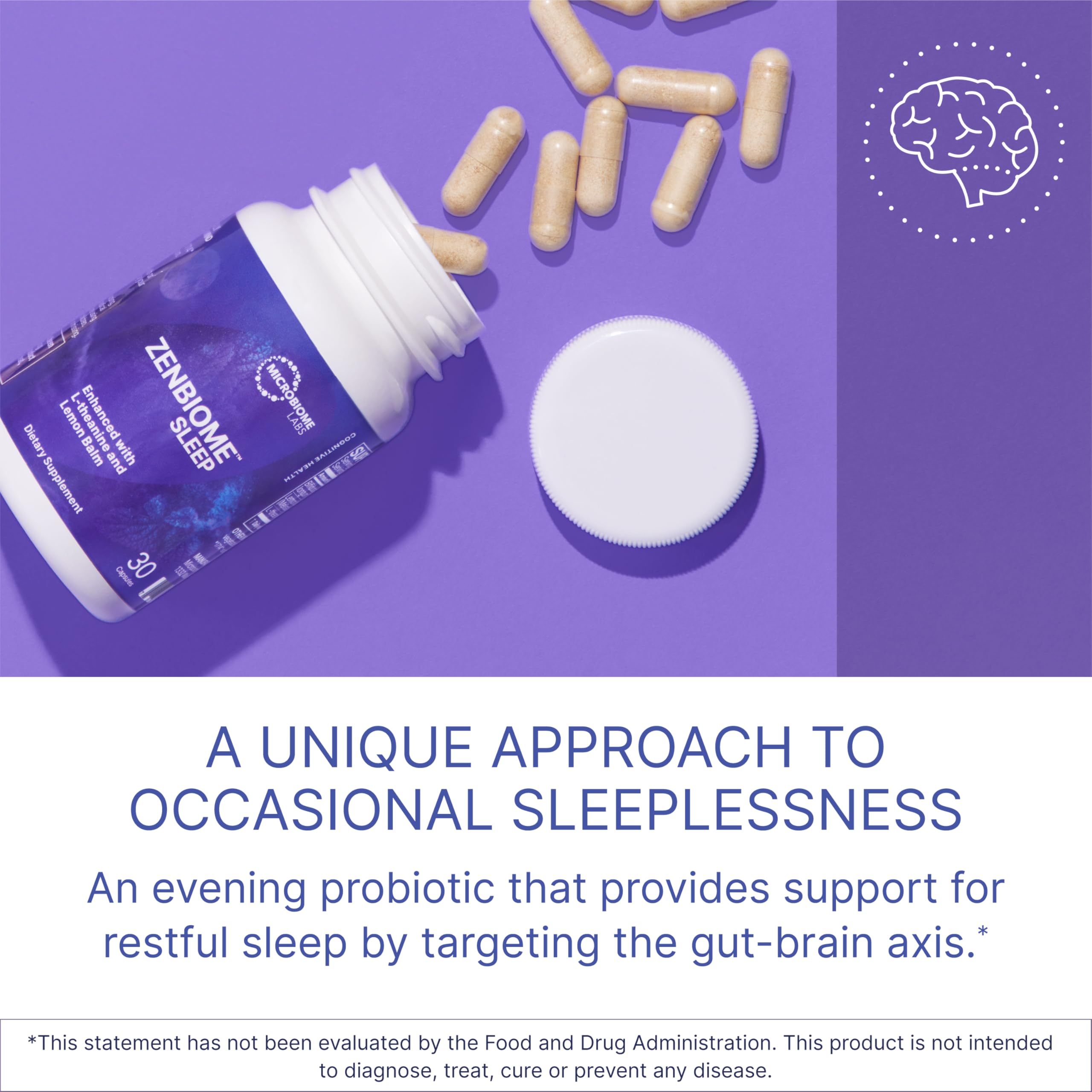 Close-up of Zenbiome Sleep capsules highlighting L-theanine and lemon balm