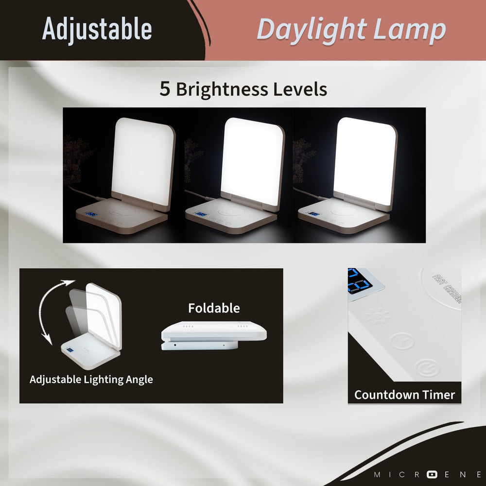 MICROENE lamp demonstrates adjustable brightness levels for different tasks.