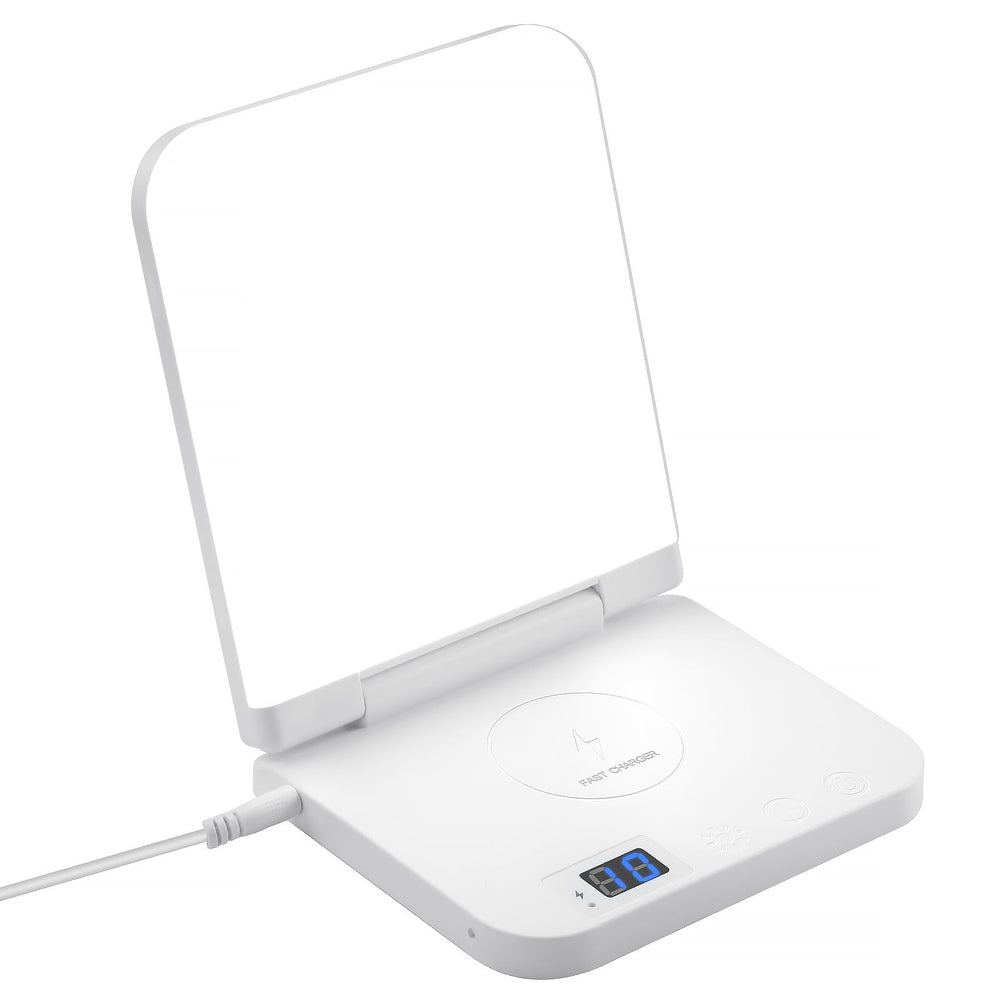 MICROENE light therapy lamp on a desk delivers even, bright 10,000 lux illumination for focused work.