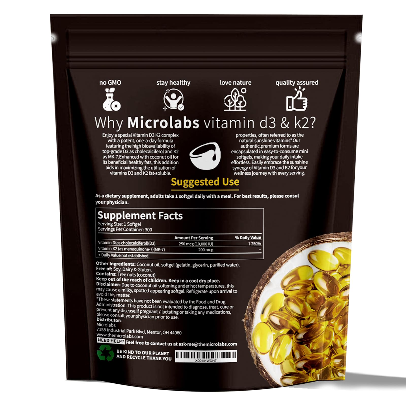 MicroLabs D3 K2 bottle label shows 10000 IU D3 and 200 mcg K2 for bone-friendly support