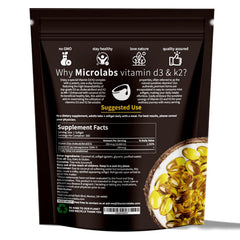 MicroLabs D3 K2 bottle label shows 10000 IU D3 and 200 mcg K2 for bone-friendly support