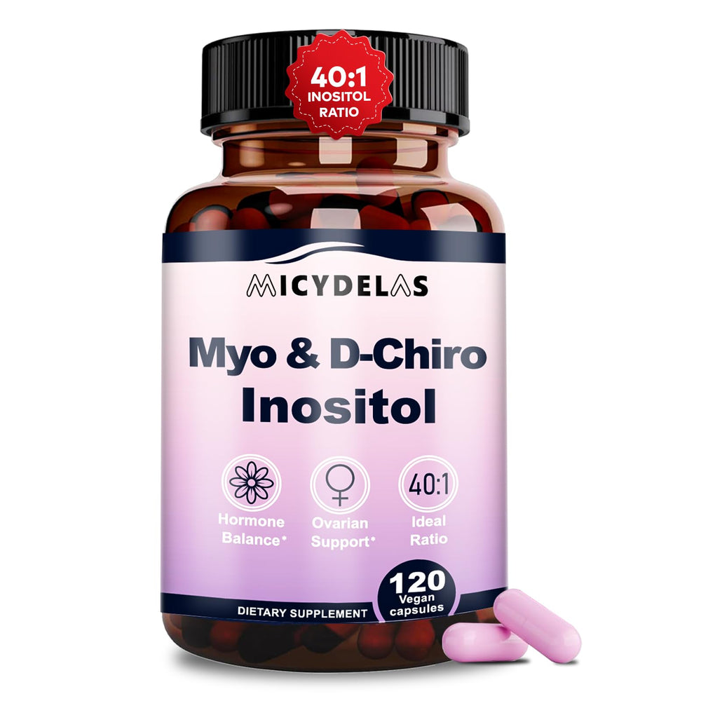 MICYDELAS Myo-Inositol and D-Chiro Inositol bottle highlights hormonal balance support