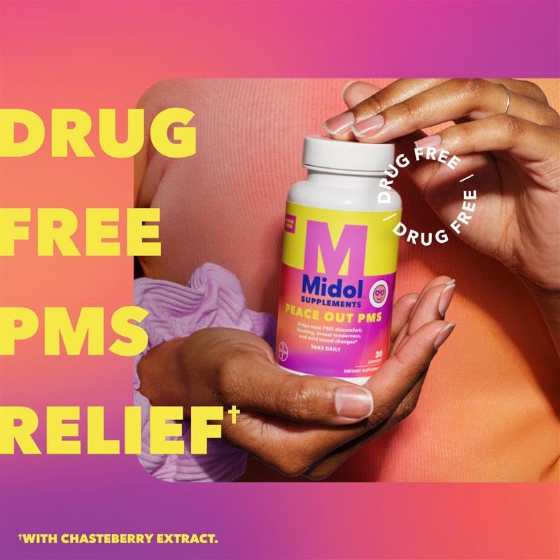 Midol Peace Out PMS bottle back view highlights ingredient list and gluten-free, GMO-free formulation.