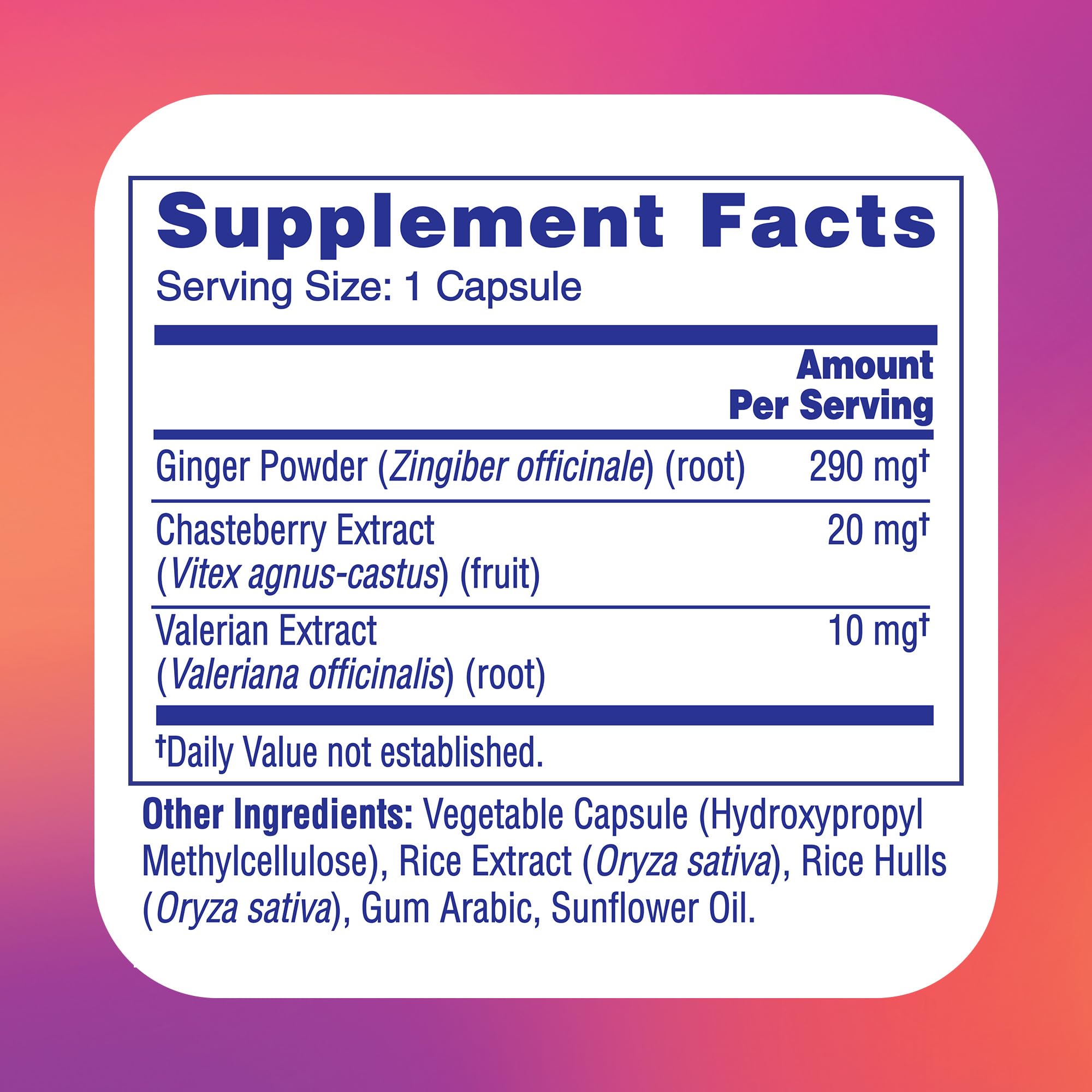 Midol Peace Out PMS nutrition label helps shoppers verify ingredients and allergens.