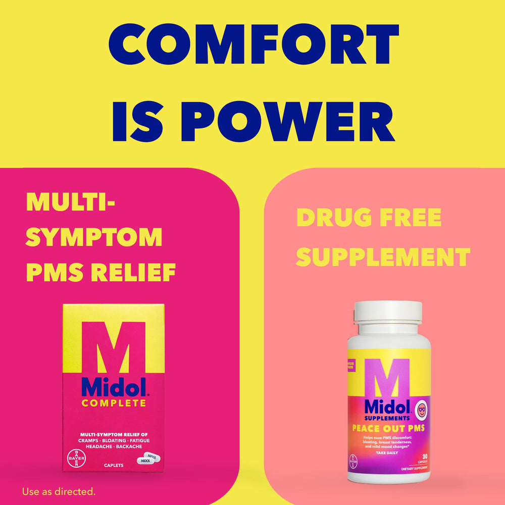 Midol Peace Out PMS icons emphasize vegan, gluten-free, and GMO-free qualities for mindful use.