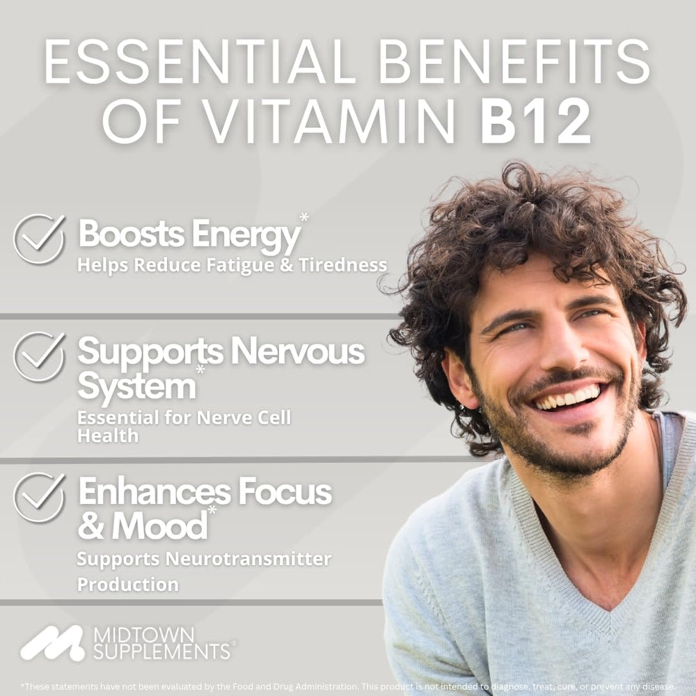 Amber bottle of Midtown Supplements B12 drops emphasizes premium liquid B12 for vitality