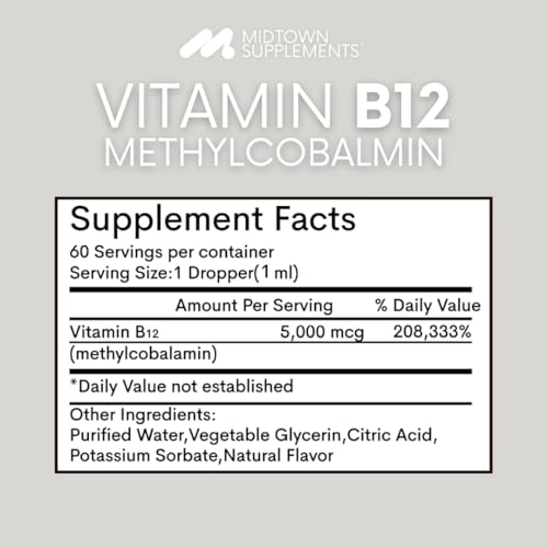 Bottle of Midtown Supplements B12 drops shown pouring for daily use
