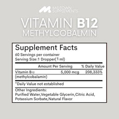 Bottle of Midtown Supplements B12 drops shown pouring for daily use